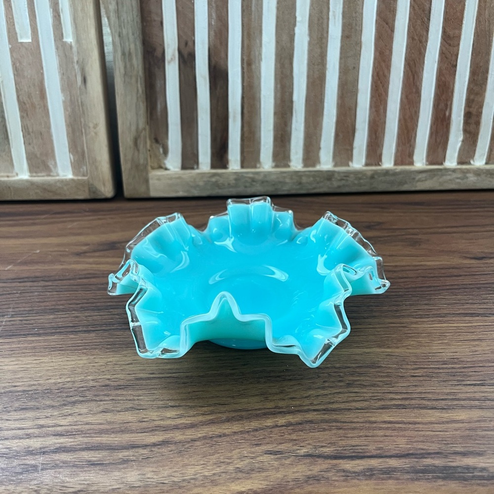 Fenton Ruffle Edge Blue Silver Crest Milk Glass Dish